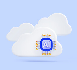 Fototapete - AI clouds with chip in blue sky background 3d render. Artificial intelligence service, virtual gpu platform for cloud computing and big data storage. Concept of innovation technology. 3D illustration