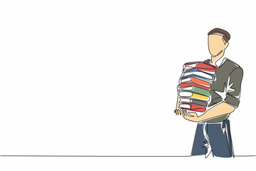 Poster - continuous one line drawing a man in casual clothes carrying a stack of books as high as his neck. d