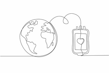 Poster - Continuous one line drawing globe connected to blood bag. Public awareness of hemophilia. Be aware of the symptoms. Sharing is caring. World Hemophilia Day. Single line draw design vector illustration