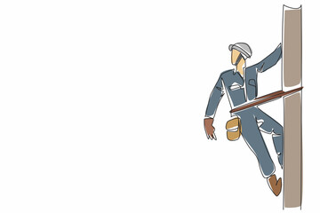 Poster - Single continuous line drawing lineman climbs and holds electric pole with one hand. Performing electrical network maintenance. National Lineman Appreciation Day. One line design vector illustration