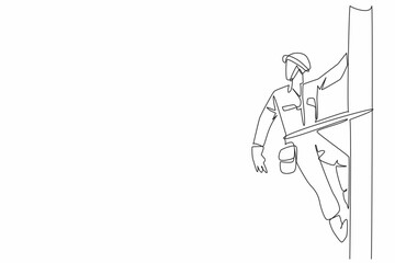 Poster - Single continuous line drawing lineman climbs and holds electric pole with one hand. Performing electrical network maintenance. National Lineman Appreciation Day. One line design vector illustration