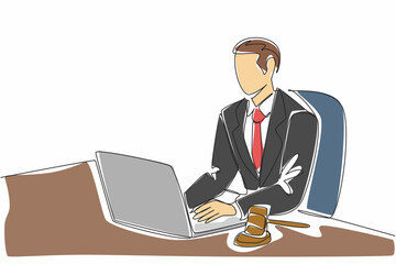 Poster - single one line drawing male auctioneer in suit and tie typing on laptop. online auction with limite