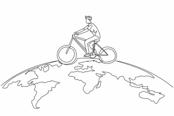 Poster - Continuous one line drawing a man riding a bicycle on a semicircular world map. A campaign. Protecting nature by not causing pollution. Iconic. Bicycle Day. Single line draw design vector illustration