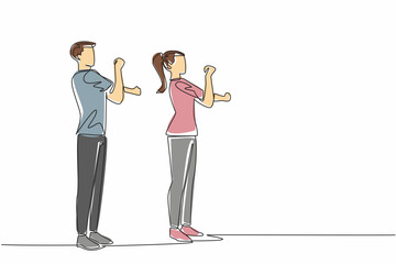 Poster - Continuous one line drawing the couple doing warm-up movements. Movements needed to avoid accidents during sports. Healthy together. National Exercise Day. Single line draw design vector illustration