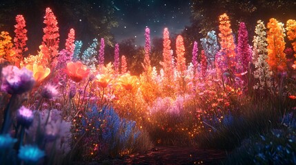a whimsical garden glowing with radiant pastel grass and luminous flowers