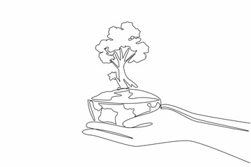Poster - single continuous line drawing hand holding a half-shaped globe. symbolism. the big tree is half of 