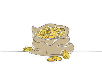 Poster - Single one line drawing an open cloth bag filled with coins. Like a prize from television quiz. The gold coins glistened. The luxury of treasure. Coin Week. Continuous line design graphic illustration