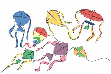 Poster - Single one line drawing kites of various shapes and sizes flying in the sky. Kite festival in the field. Fun holiday. Pleasure. Exciting. Go Fly a Kite Day. Continuous line design graphic illustration