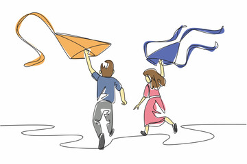 Poster - Continuous one line drawing a boy and a girl run while holding a kite. Decorative kites ready to be flown. Playing together. Holiday. Go Fly a Kite Day. Single line draw design vector illustration