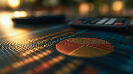 Poster - Financial Data Analysis: Close-up shot of financial charts and graphs with a calculator in the background, illuminated by a warm sunset glow, suggesting a successful business analysis. 