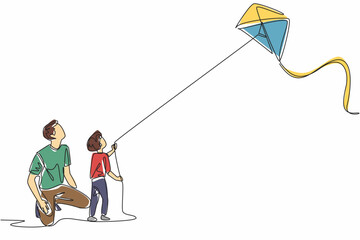 Poster - Single one line drawing a young father sits squatting accompanying his son who is playing a kite. A quality time between father and son. Go Fly a Kite Day. Continuous line design graphic illustration