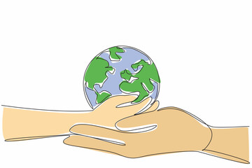 Poster - Single continuous line drawing two human hands put the globe on the palm. Symbolism of giving the mandate to protect the earth to children. Environment. Earth Day. One line design vector illustration