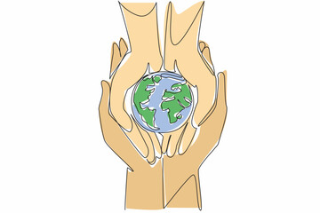 Poster - Continuous one line drawing two human hands holding a globe. Teaching children to care for the earth. Cultivating sensitivity. Environmental. Earth Day. Single line draw design vector illustration