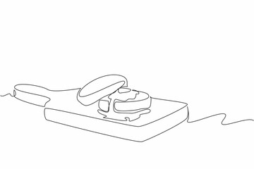 Poster - Continuous one line drawing 2 English muffins stacked on a wooden cutting board. Fresh from the oven. Tasting homemade. Tasty. National English Muffin Day. Single line draw design vector illustration