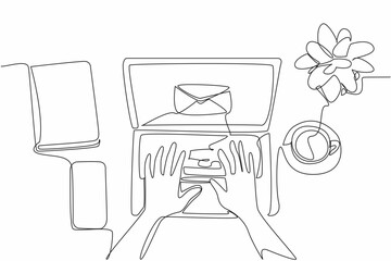 Poster - Continuous one line drawing hands typing on laptop. Email notification received. Received best price offer. Ease of using technology. National Email Day. Single line draw design vector illustration