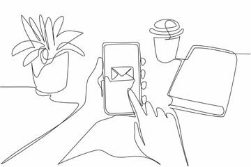 Poster - continuous one line drawing hand looking at email logo from smartphone. technological advancement. r