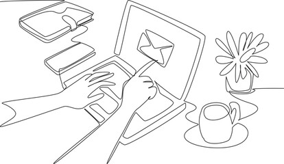 Poster - single continuous line drawing hands typing on laptop. laptop with touch screen. open emails just by