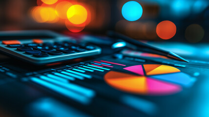 Poster - Financial Data Analysis:  A close-up shot reveals detailed financial charts and graphs, accompanied by a calculator and pen, illuminated by a soft, bluish glow.