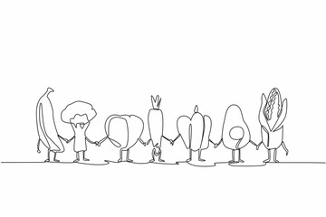 Poster - Single one line drawing various foods become characters and while holding hands. Spend or do not buy too much. Avoid wasteful behavior. Stop Food Waste Day. Continuous line design graphic illustration