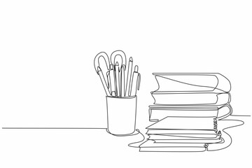 Poster - Single one line drawing pencils and other stationery neatly arranged in a pencil case. Marking multiple formulas. Learn and memorize. World Stationery Day. Continuous line design graphic illustration