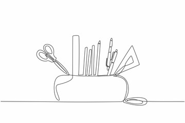 Poster - Single continuous line drawing pencil pouch case. Orderliness in arranging stationery. Makes it easier to find and use. Ease of working. World Stationery Day. One line design vector illustration