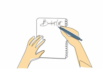 Poster - continuous one line drawing hand holding a pen and writing in a notebook. designing targets for the 