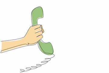 Poster - Single one line drawing hand holding a retro telephone receiver with its coiled cord. Pick up a phone call. Old-school technology. National Telephone Day. Continuous line design graphic illustration