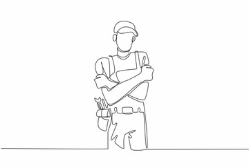 Poster - Single continuous line drawing a male plumber crosses arms and hugs himself. Feelings of excessive self love. The professional expert. National Hug A Plumber Day. One line design vector illustration