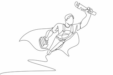 Wall Mural - Single one line drawing male plumber flying with equipment in hand. Super hero who is always ready anytime. The expert. Professional. National Plumber Day. Continuous line design graphic illustration