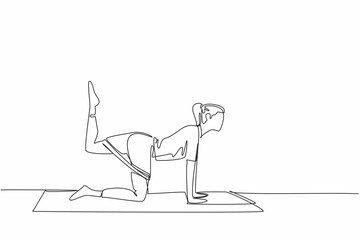 Sticker - Single one line drawing woman exercising on a training mat doing movements with elastic strap. An exercise that has many benefits. Love Your Thighs Day. Continuous line design graphic illustration