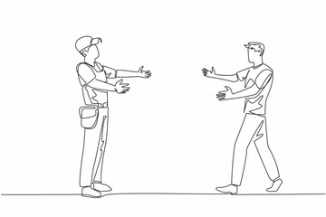 Poster - single one line drawing the man wants to hug a male plumber. warm thank you. fix in a flash. hard wo