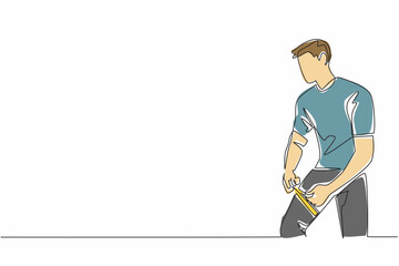 Poster - Single continuous line drawing the man uses a measuring tape to measure his thighs around his thighs. Measuring muscle mass in the thigh. Love Your Thighs Day. One line design vector illustration