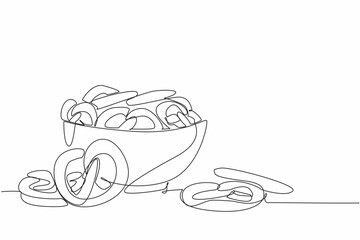 Poster - Single one line drawing pile of pretzels are in a bowl and some are scattered. Enjoying a variety of elegant sweet cakes. Delicious. National Pretzel Day. Continuous line design graphic illustration