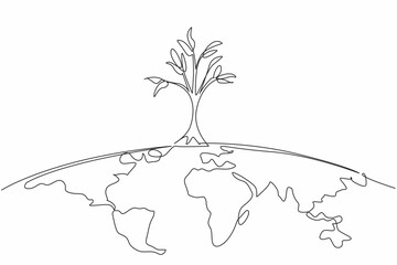 Poster - single one line drawing big tree on top of semicircle of world map. the spirit of improving nature b