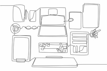 Poster - single one line drawing a very neatly arranged work desk. makes it easier to work and read weekly re