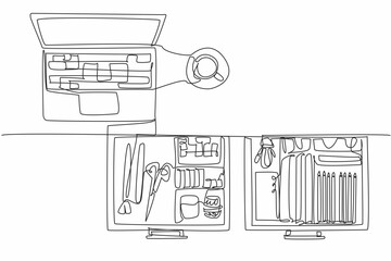 Poster - continuous one line drawing work desk with open drawers and various contents. a tidy workspace alway