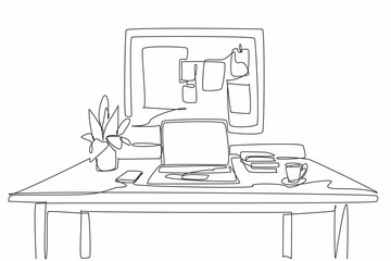 Poster - Single continuous line drawing work desk equipped with laptop for work. Small notes for urgent work reminders. Warm coffee always accompanies. Get Organized Day. One line design vector illustration