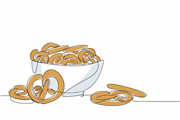 Poster - Single one line drawing pile of pretzels are in a bowl and some are scattered. Enjoying a variety of elegant sweet cakes. Delicious. National Pretzel Day. Continuous line design graphic illustration