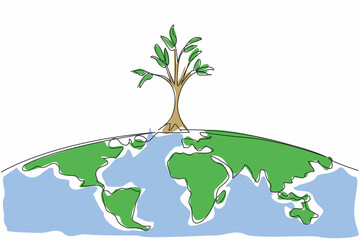 Poster - single one line drawing big tree on top of semicircle of world map. the spirit of improving nature b