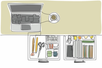 Poster - continuous one line drawing work desk with open drawers and various contents. a tidy workspace alway