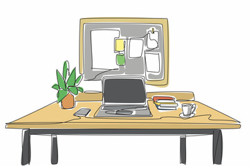 Poster - Single continuous line drawing work desk equipped with laptop for work. Small notes for urgent work reminders. Warm coffee always accompanies. Get Organized Day. One line design vector illustration