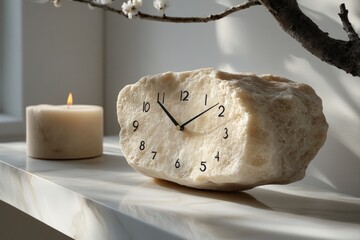 Wall Mural - Stone clock, candle, branch, minimalist setting.