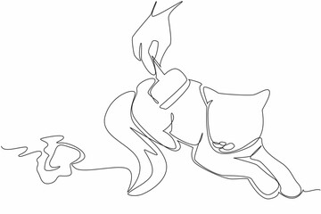 Poster - Continuous one line drawing the cat being combed by a fur brush. Prevention of swallowed hairballs. Take care with care. National Hairball Awareness Day. Single line draw design vector illustration