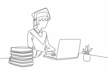 Poster - single one line drawing a woman wearing a graduation gown with hat. typing on laptop to fill in pers