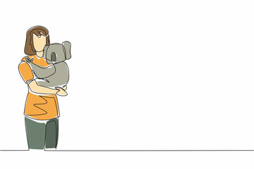 Poster - single continuous line drawing a woman in casual clothes hugging a koala. animals that have cute and