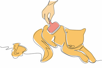 Poster - Continuous one line drawing the cat being combed by a fur brush. Prevention of swallowed hairballs. Take care with care. National Hairball Awareness Day. Single line draw design vector illustration