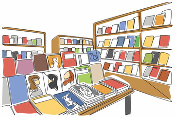 Poster - Continuous one line drawing the inside of the bookstore is full of shelves filled with books. Selling cheap and quality books. Independent Bookstore Day. Single line draw design vector illustration