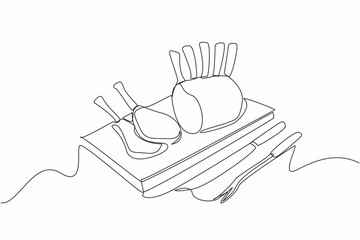 Wall Mural - Continuous one line drawing prime rib with bones and 2 small slices on square wooden tray. Juicy meat near the bone. Very delicious. National Prime Rib Day. Single line draw design vector illustration