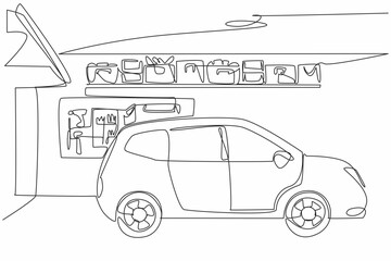 Poster - Single continuous line drawing the interior of the car garage and workshop equipment are attached to the wall. Owner preparedness. Organized. National Garage Day. One line design vector illustration