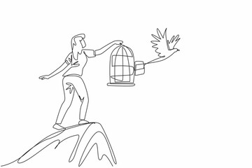 Poster - Single continuous line drawing a woman in casual clothes stood on a hill releasing birds. Giving freedom to animals. Unlimited free flight. National Go Birding Day. One line design vector illustration